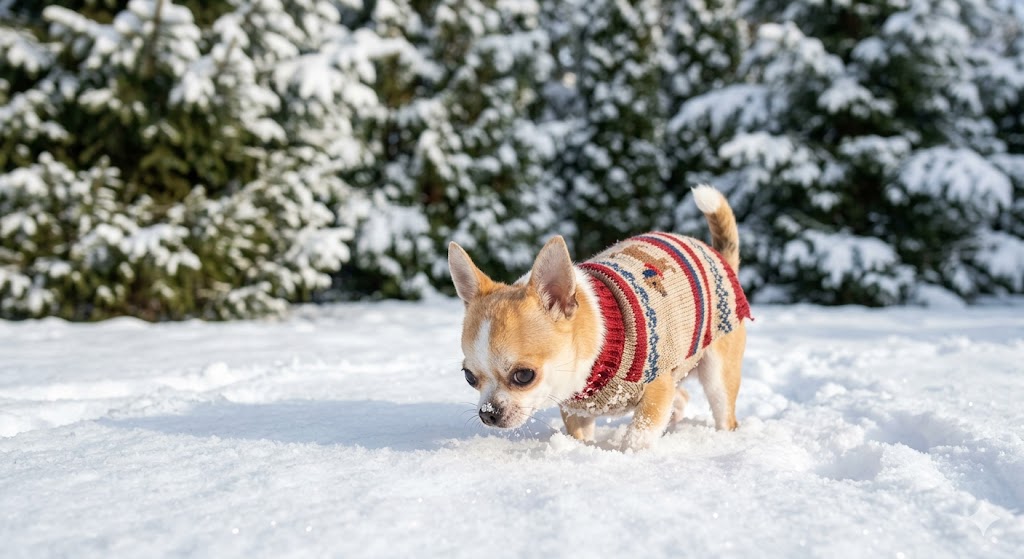 Siberian Husky standing on a wooden deck in a lush green backyard on a sunny summer day