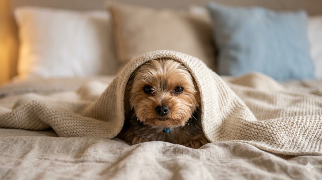 Furry dog resting peacefully under a soft blanket