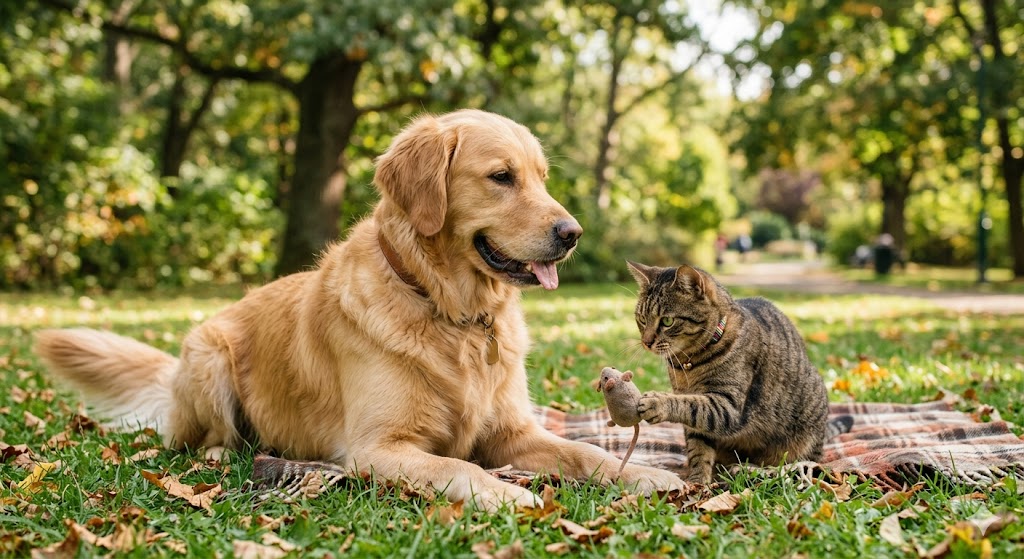 Golden dog and cat resting together on a blanket in a peaceful meadow