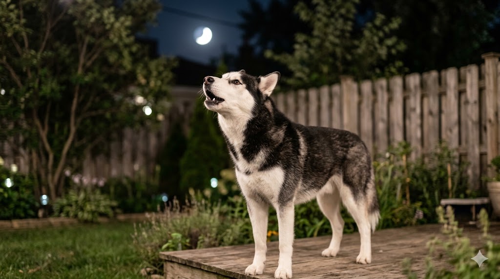 Siberian Husky with blue eyes running through a snowy forest trail wearing an orange harness