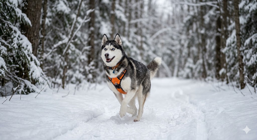 Siberian Husky standing on a wooden deck looking up at the moon in a backyard at night