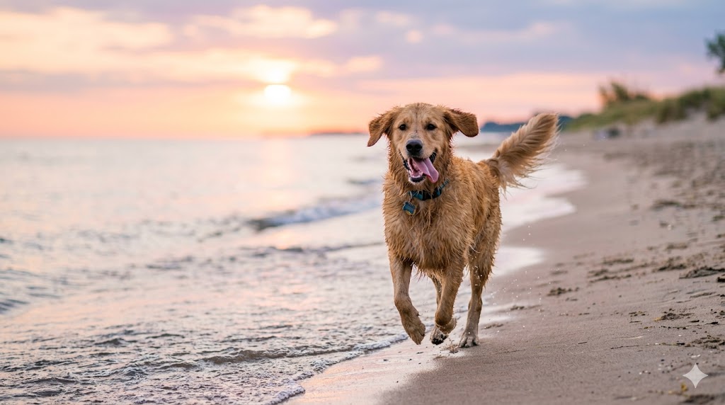 Golden Labrador Retriever sitting on a welcome mat on a backyard porch surrounded by greenery