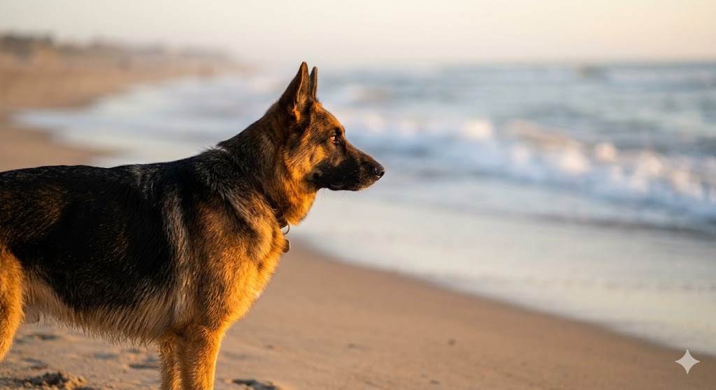 German Shepherd standing on a sandy beach gazing at the ocean waves at golden hour sunset
